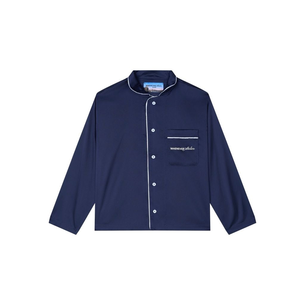 "YUMII" サテンロングパジャマシャツ + パンツ / ネイビー