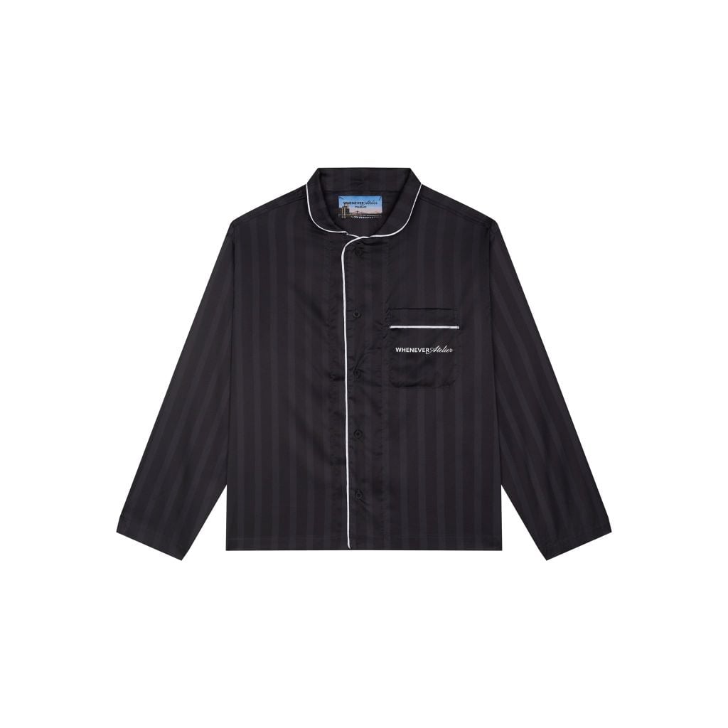 "YUMII" サテンロングパジャマシャツ + パンツ / ブラック