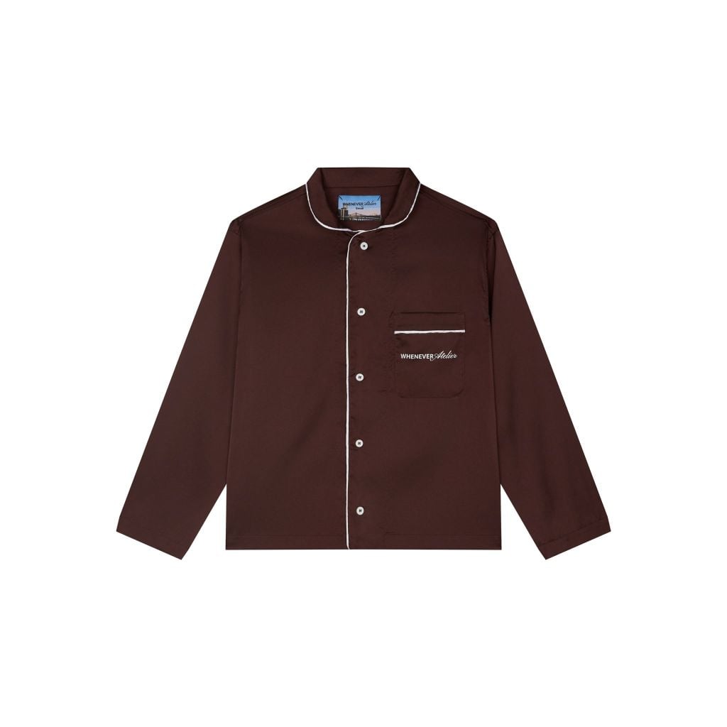 "YUMII" サテンロングパジャマシャツ + パンツ / ブラウン